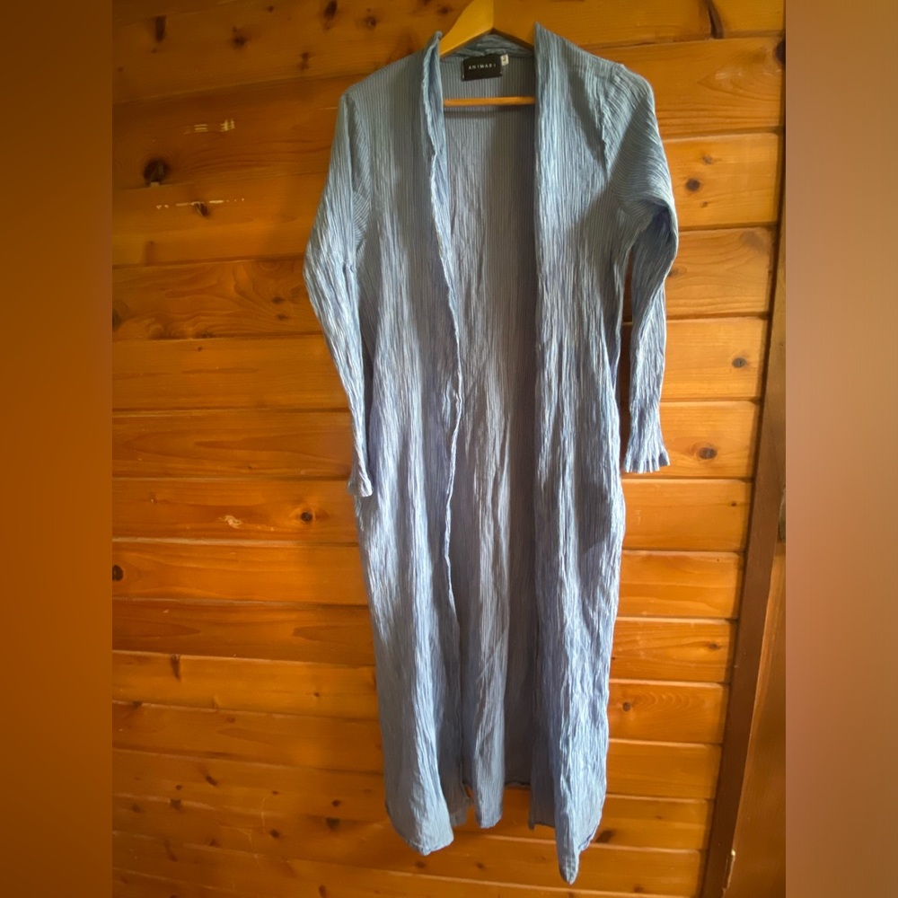 Animari Long Duster Cardigan 100% Cotton Blue Size Woman’s Large with Pockets